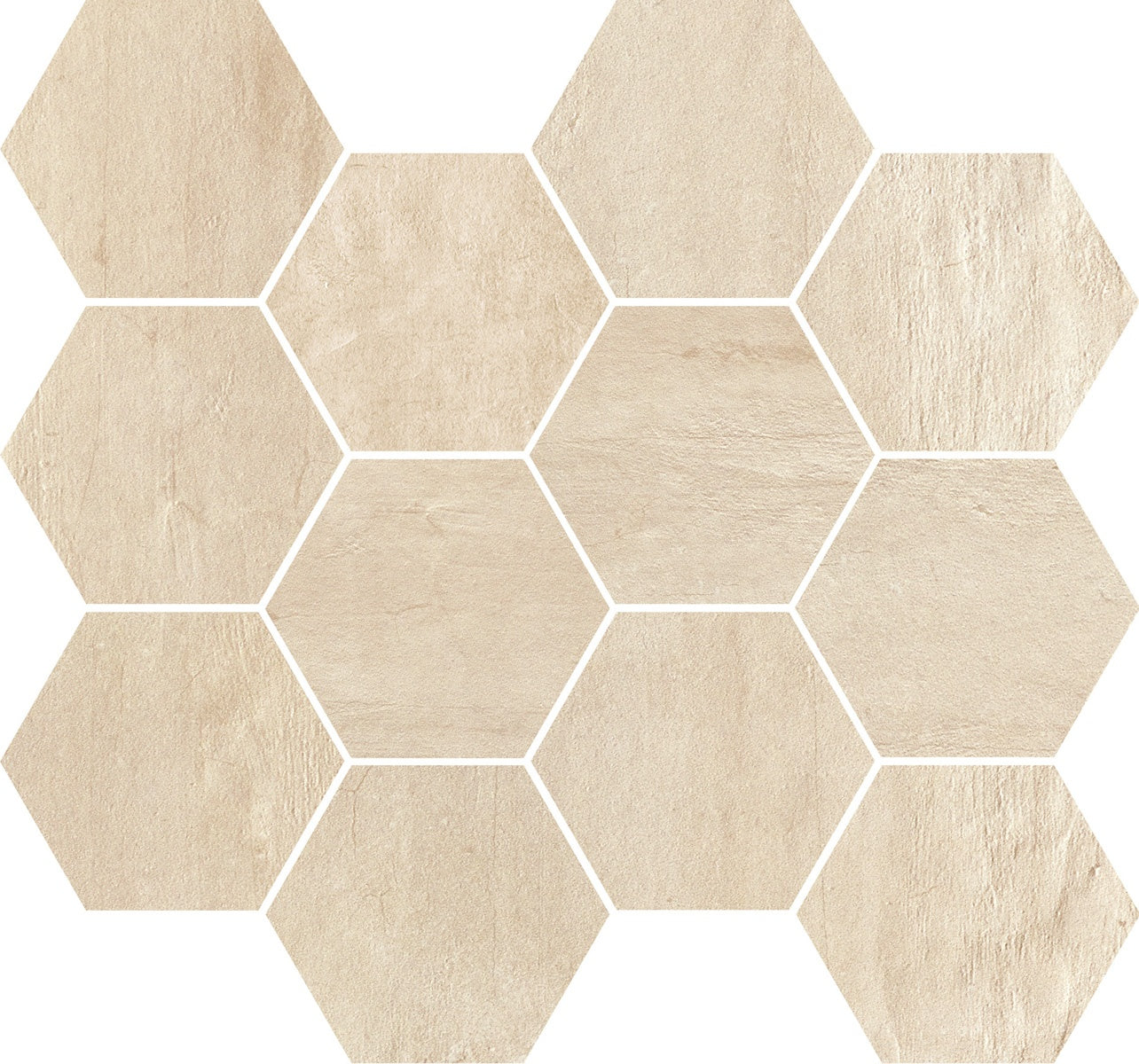 Hexagonal beige porcelain mosaic with matte concrete texture, evoking minimalist elegance and industrial sophistication.