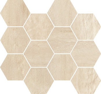 Hexagonal beige porcelain mosaic with matte concrete texture, evoking minimalist elegance and industrial sophistication.