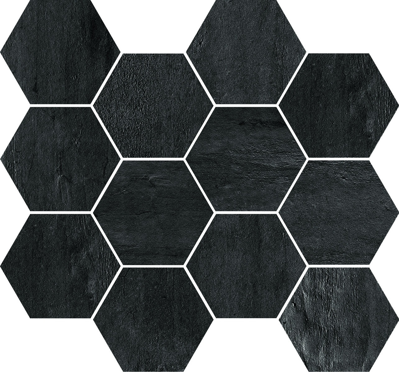 Hexagonal matte black porcelain mosaic with a refined concrete effect, exuding urban sophistication and minimalist elegance.