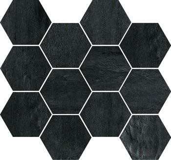 Hexagonal matte black porcelain mosaic with a refined concrete effect, exuding urban sophistication and minimalist elegance.