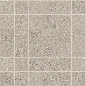 Matte porcelain mosaic in warm dark beige, evoking rugged limestone with an interlocking square pattern for organic elegance.