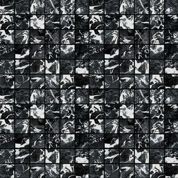 Black marble-inspired porcelain mosaic with refined matte finish and straight-stack interlocking squares for luxurious wall surfaces.