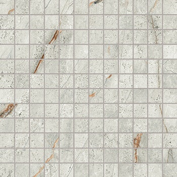 Elegant gray marble mosaic with refined veining, matte finish, and interlocking squares for a luxurious minimalist statement.