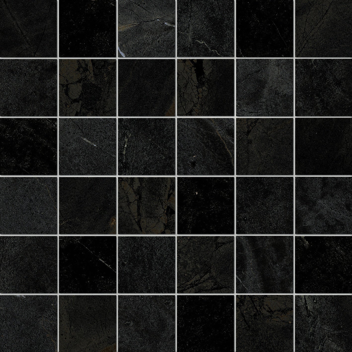 Black porcelain mosaic with a honed quartzite look, exuding refined opulence and dramatic elegance in a straight-stack pattern.