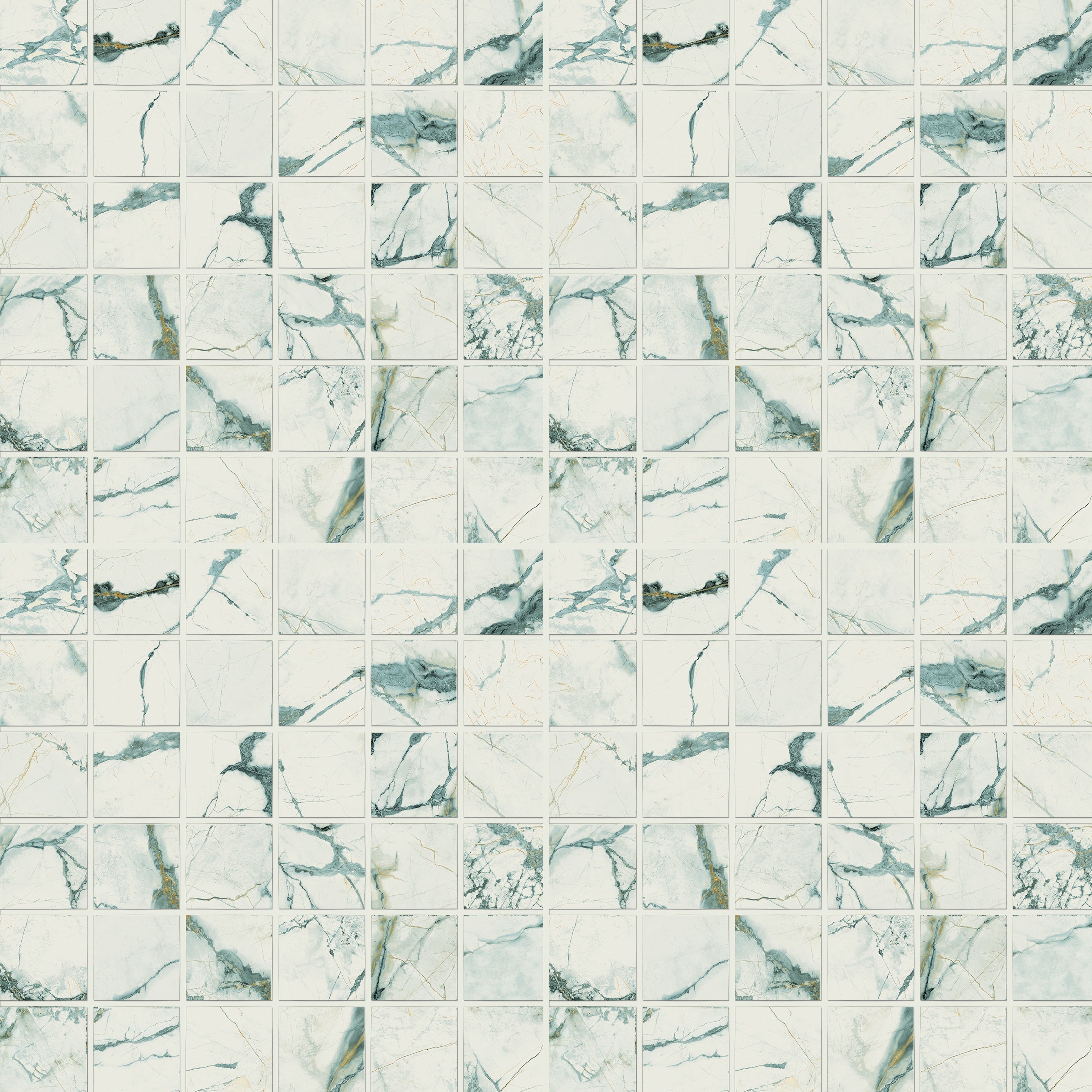 White dolomite-inspired porcelain mosaic with a matte finish, interlocking square tiles in a refined straight-stack pattern for timeless elegance.
