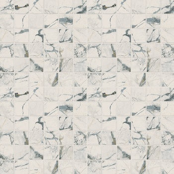 White dolomite-inspired porcelain mosaic with a matte finish, interlocking square tiles in a refined straight-stack pattern for timeless elegance.