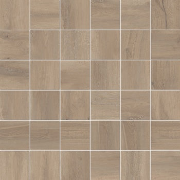 Timeworn dark beige wood-look porcelain mosaic with a snug, matte finish and organic texture for warm, rustic-luxury interiors.