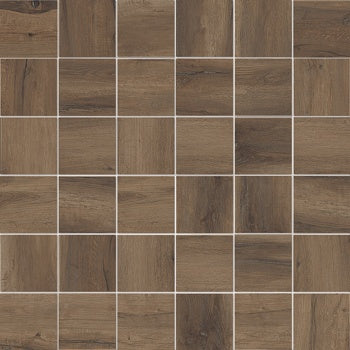 Timeworn brown porcelain mosaic with a soft matte finish, textured wood grain and subtle knots, evoking rustic elegance and organic warmth.