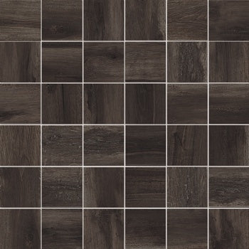 Dark brown porcelain mosaic tiles with a timeworn wood finish, textured grain and knots, evoking rustic warmth and organic elegance.