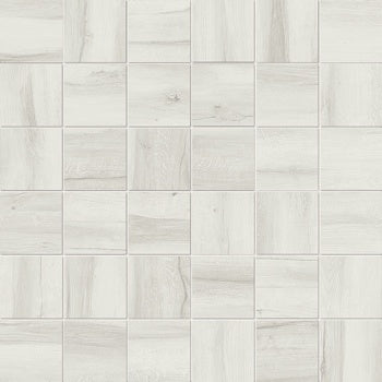 Timeworn white porcelain mosaic with soft wood-grain texture, matte finish, and a snug, organic-modern warmth.