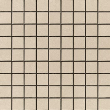 Elegant almond-beige porcelain mosaic with a matte finish, interlocking square tiles in a refined straight-stack pattern for modern luxury spaces.