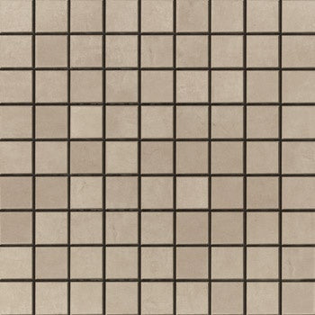 Modern beige porcelain mosaic with a matte finish, interlocking square tiles in a refined straight-stack pattern for minimalist luxury.