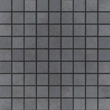 Sleek dark grey porcelain mosaic with a matte finish, interlocking square tiles in a refined minimalist straight-stack pattern.