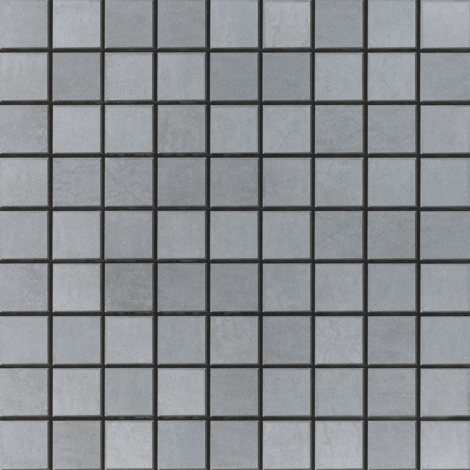 Modern gray porcelain mosaic with a sleek matte finish, interlocking square tiles in a refined straight-stack pattern for minimalist elegance.