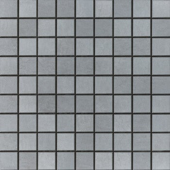 Modern gray porcelain mosaic with a sleek matte finish, interlocking square tiles in a refined straight-stack pattern for minimalist elegance.