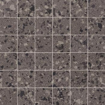 Dark gray terrazzo-effect porcelain mosaic with medium grains, matte texture, and refined industrial elegance for timeless interiors.