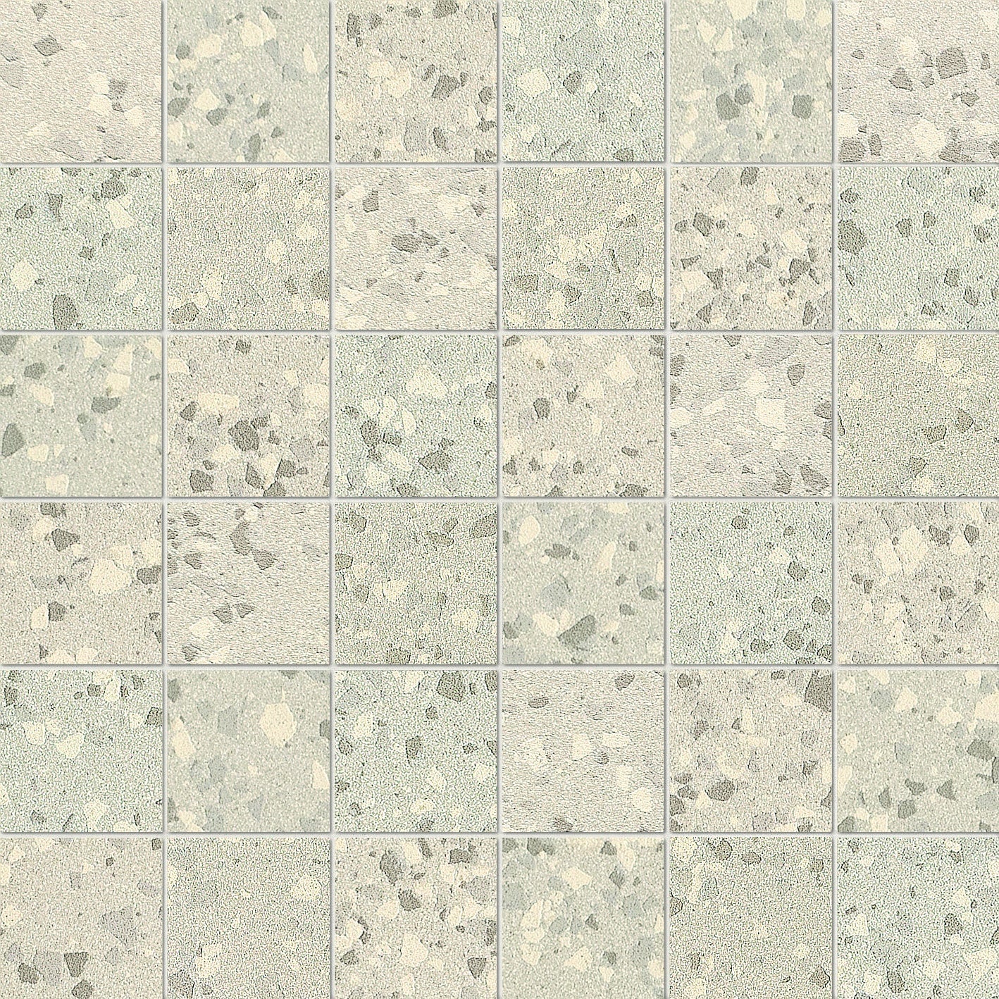 White terrazzo-effect porcelain mosaic with medium grain texture, matte finish, and rectified edges for a seamless contemporary elegance.