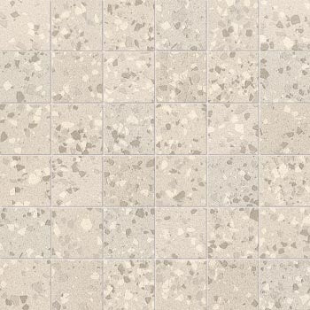 White terrazzo-effect porcelain mosaic with medium grain texture, matte finish, and rectified edges for a seamless contemporary elegance.