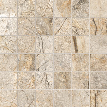 Dove grey marble-look porcelain mosaic with refined veining, matte finish, and timeless elegance for luxurious walls.