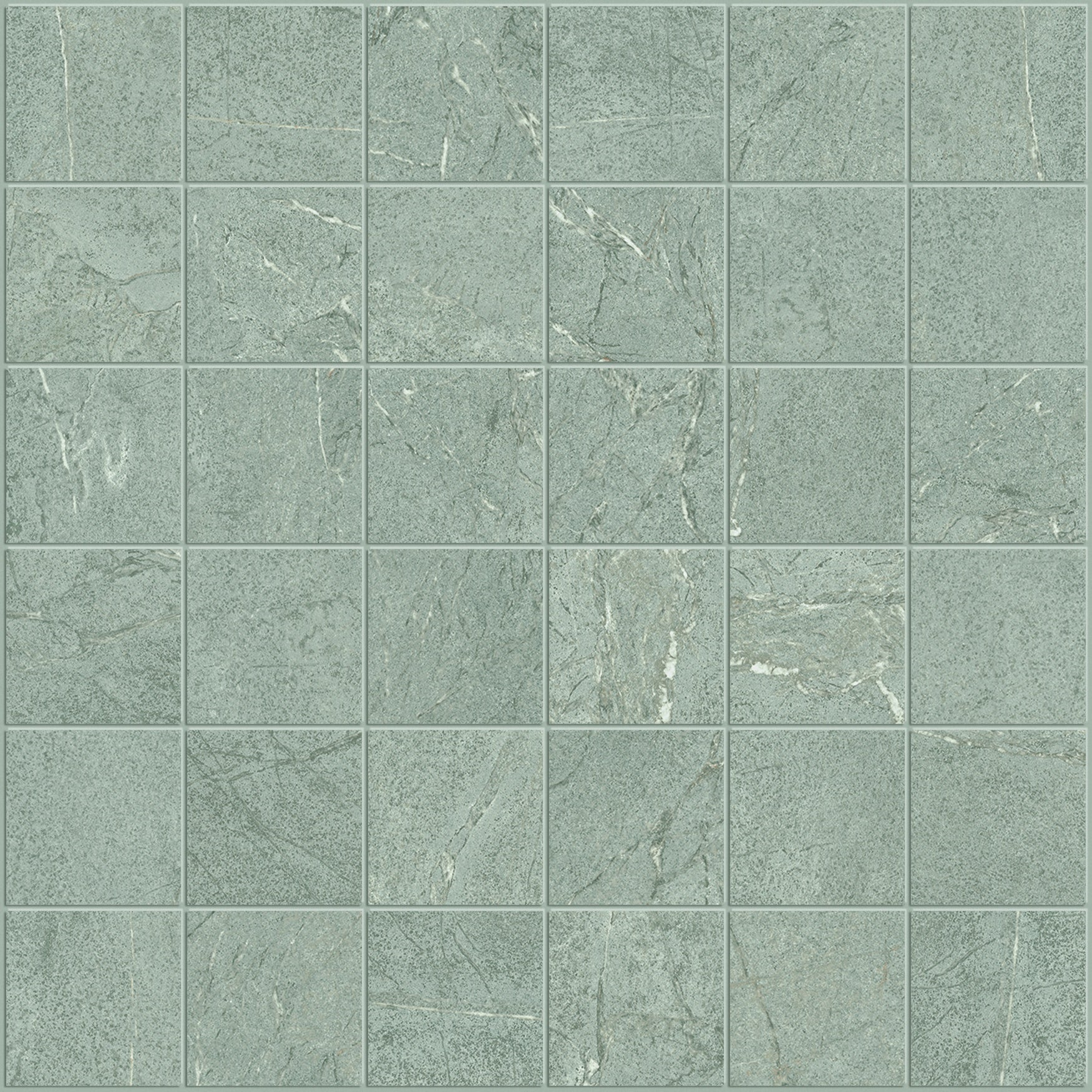 Interlocking silver-gray marble-look porcelain mosaic with matte finish, evoking rugged elegance and organic modernity.