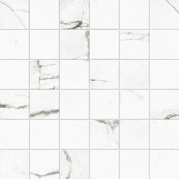 Luxurious matte white marble mosaic with delicate Statuario veins, rectified edges, and refined interlocking squares for elegant walls.
