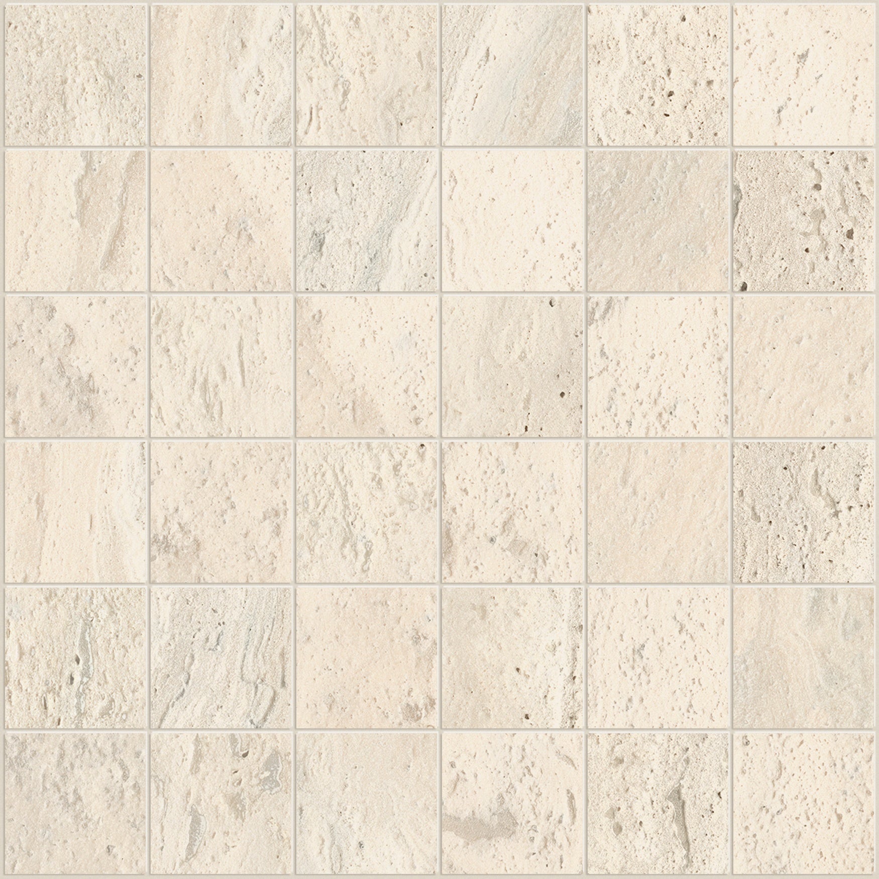 Matte almond travertine-look porcelain mosaic with earthy elegance and rugged sophistication for contemporary interiors.