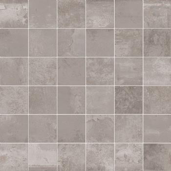 Matte gray interlocking porcelain mosaic with metallic urban elegance and industrial-chic sophistication.