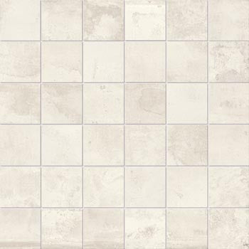 Matte white interlocking porcelain mosaic with a sleek metallic sheen, evoking urban sophistication and raw elegance.