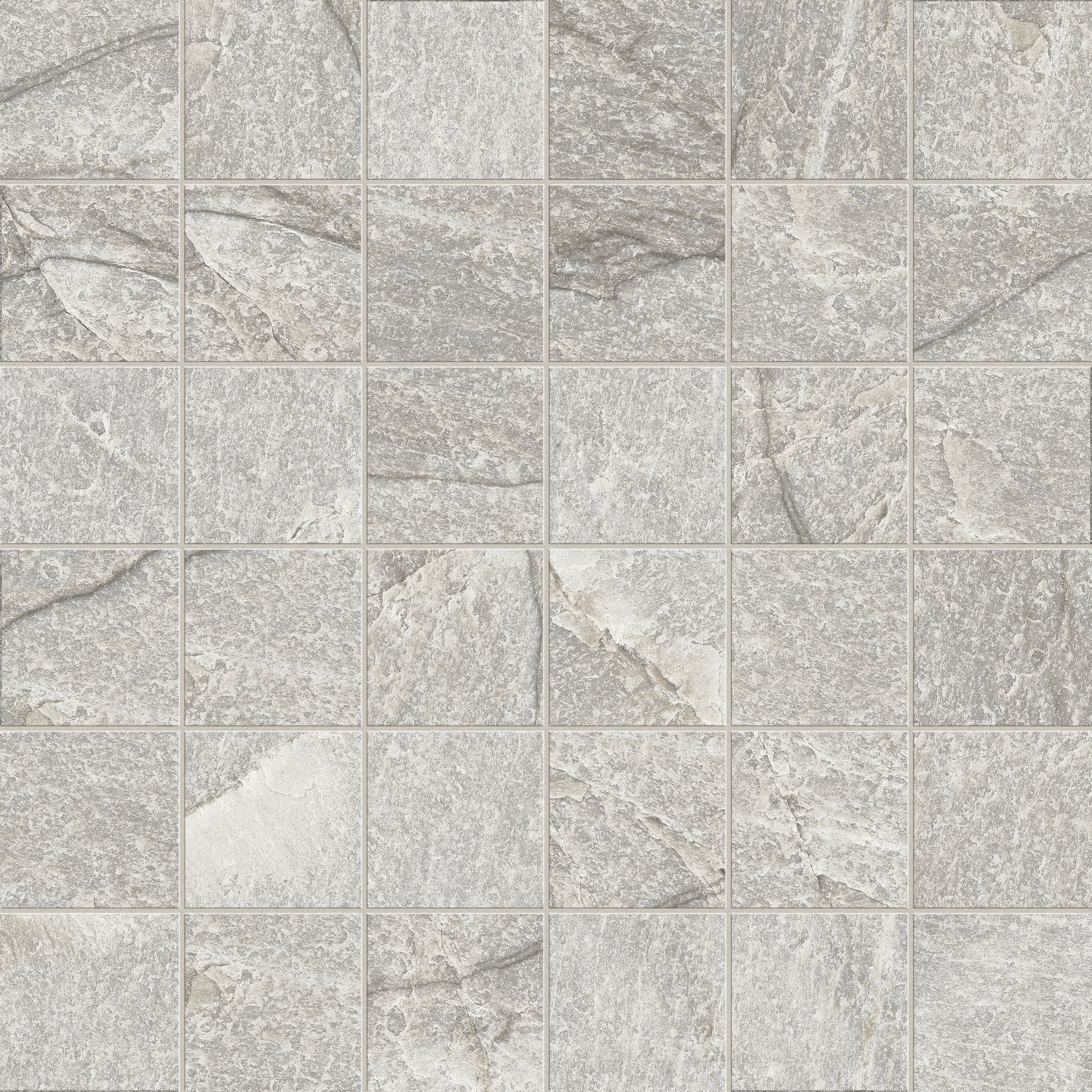 Grey quartzite-look porcelain mosaic with a primordial stone essence, matte texture, and interlocking square tiles for serene, intimate spaces.