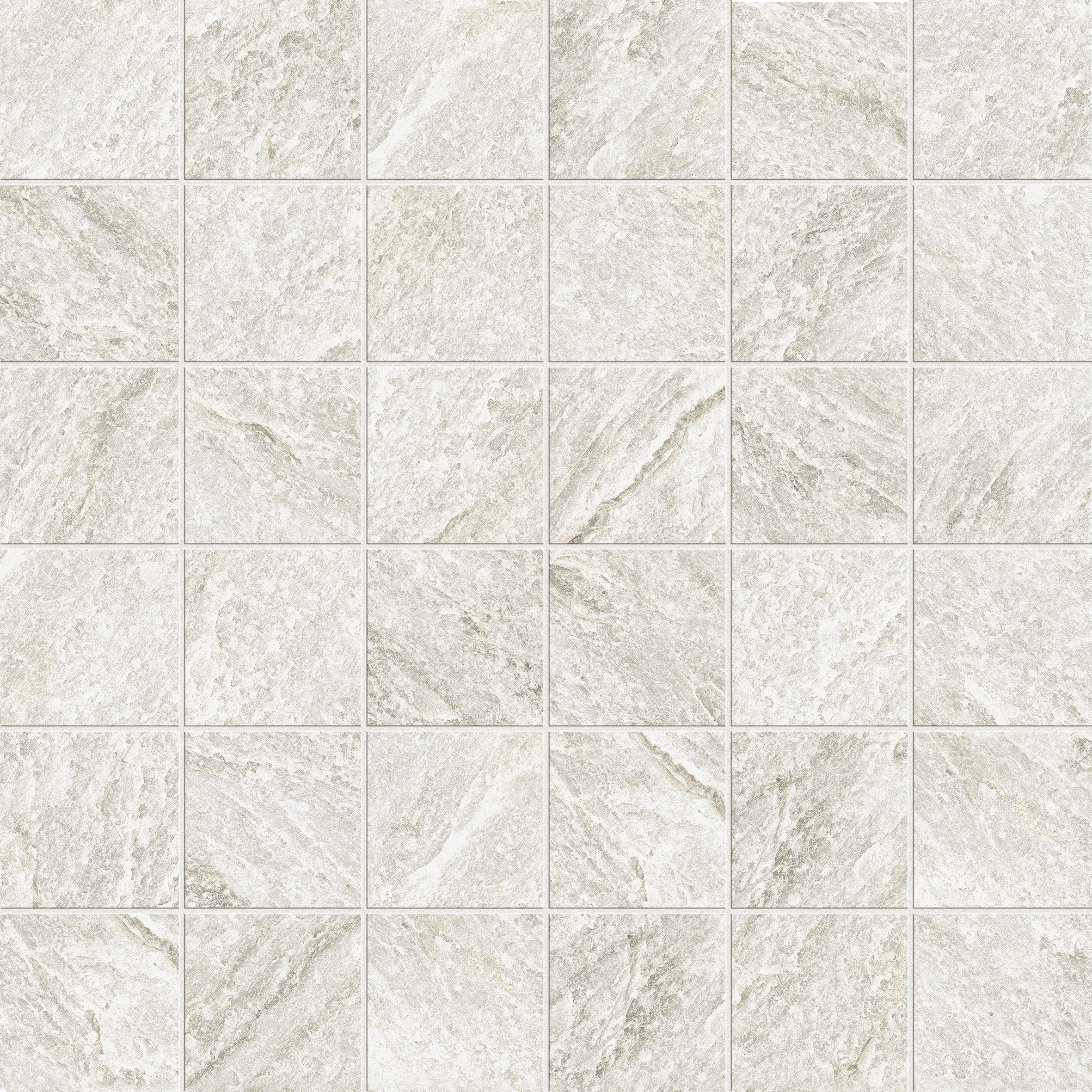 Matte white porcelain mosaic with primordial quartzite essence, evoking serenity and depth in harmonious, minimalist spaces.