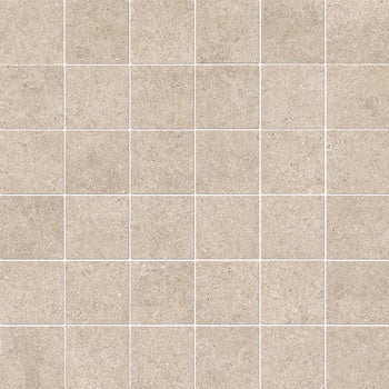 Matte beige porcelain mosaic tiles with a serene stone-like texture, arranged in a clean straight-stack pattern for minimalist elegance.