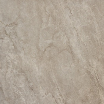 Luxurious full-body porcelain tile with a softly worn marble effect in refined beige-grey, featuring natural geometric veining and a semi-glossy finish.