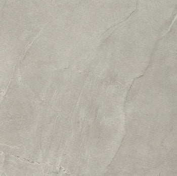 Luxurious gray porcelain tile with soft marble veins and a refined semi-gloss finish, evoking timeless elegance.