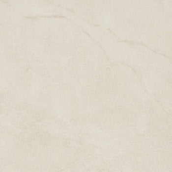 Luxurious matte porcelain tile with soft white marble veining and a subtly textured, well-worn patina for timeless elegance.