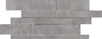 Matte gray porcelain mosaic with interlocking concrete-look planks, embodying urban minimalism and brutalist elegance in a serene, textured finish.