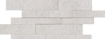 Matte white porcelain mosaic with interlocking concrete-look planks in a random strip pattern, exuding urban minimalism and refined strength.