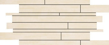 Contemporary almond-beige porcelain mosaic with random-strip plank design, matte finish, and interlocking pattern for refined minimalist spaces.