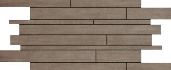 Matte gray porcelain mosaic with interlocking planks in a refined, minimalist random-strip pattern for timeless elegance.