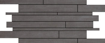 Dark green porcelain mosaic tiles in a random-strip pattern, matte finish with sleek interlocking planks for a refined contemporary aesthetic.