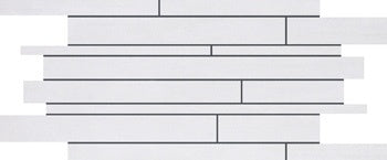 Modern gray porcelain mosaic with interlocking matte planks in a refined random-strip pattern, exuding timeless sophistication and sleek durability.