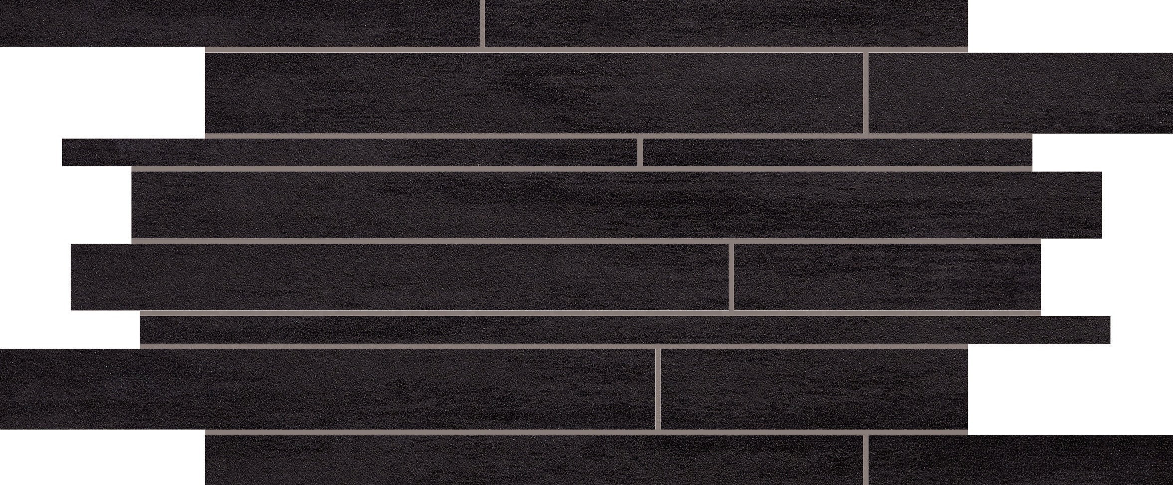 Black porcelain mosaic with random-strip design, matte finish, sleek interlocking planks for modern, refined interiors.