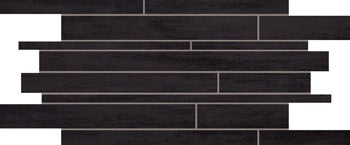 Black porcelain mosaic with random-strip design, matte finish, sleek interlocking planks for modern, refined interiors.