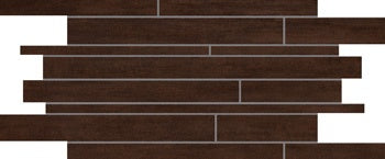 Matte brown porcelain mosaic with interlocking planks in a refined, minimalist random-strip pattern for timeless elegance.
