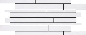 Matte white porcelain mosaic with interlocking planks in a refined random-strip pattern, offering timeless minimalist elegance.