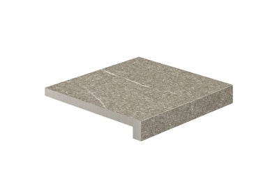 L-shaped porcelain corner in warm greige limestone texture with rustic matte finish and subtle 3D detailing.