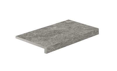 Elegant L-shaped porcelain corner in textured quartzite grey, matte finish with polished edges for refined outdoor transitions.
