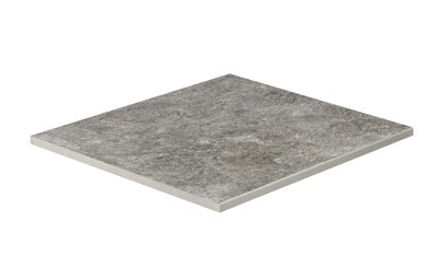 Elegant gray quartzite-inspired porcelain border with a matte, textured finish and polished edges for refined outdoor spaces.