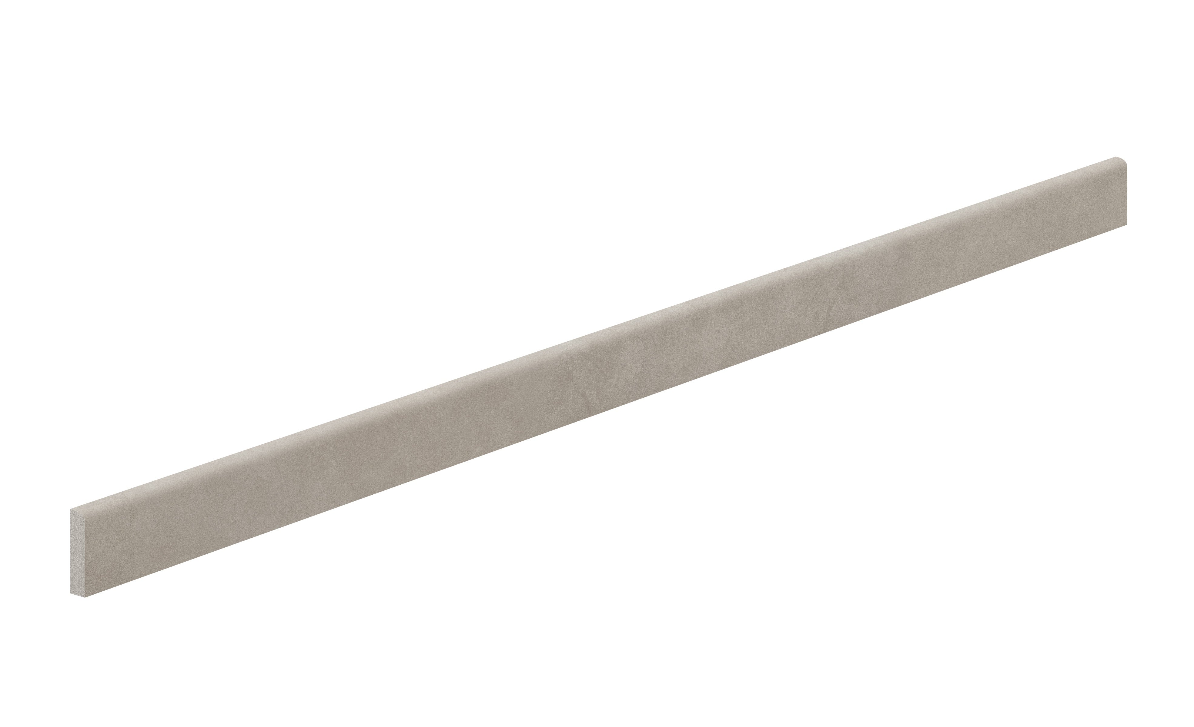 Sleek matte gray porcelain bullnose trim with a smooth, semi-opaque finish and subtle contemporary texture for refined edges.