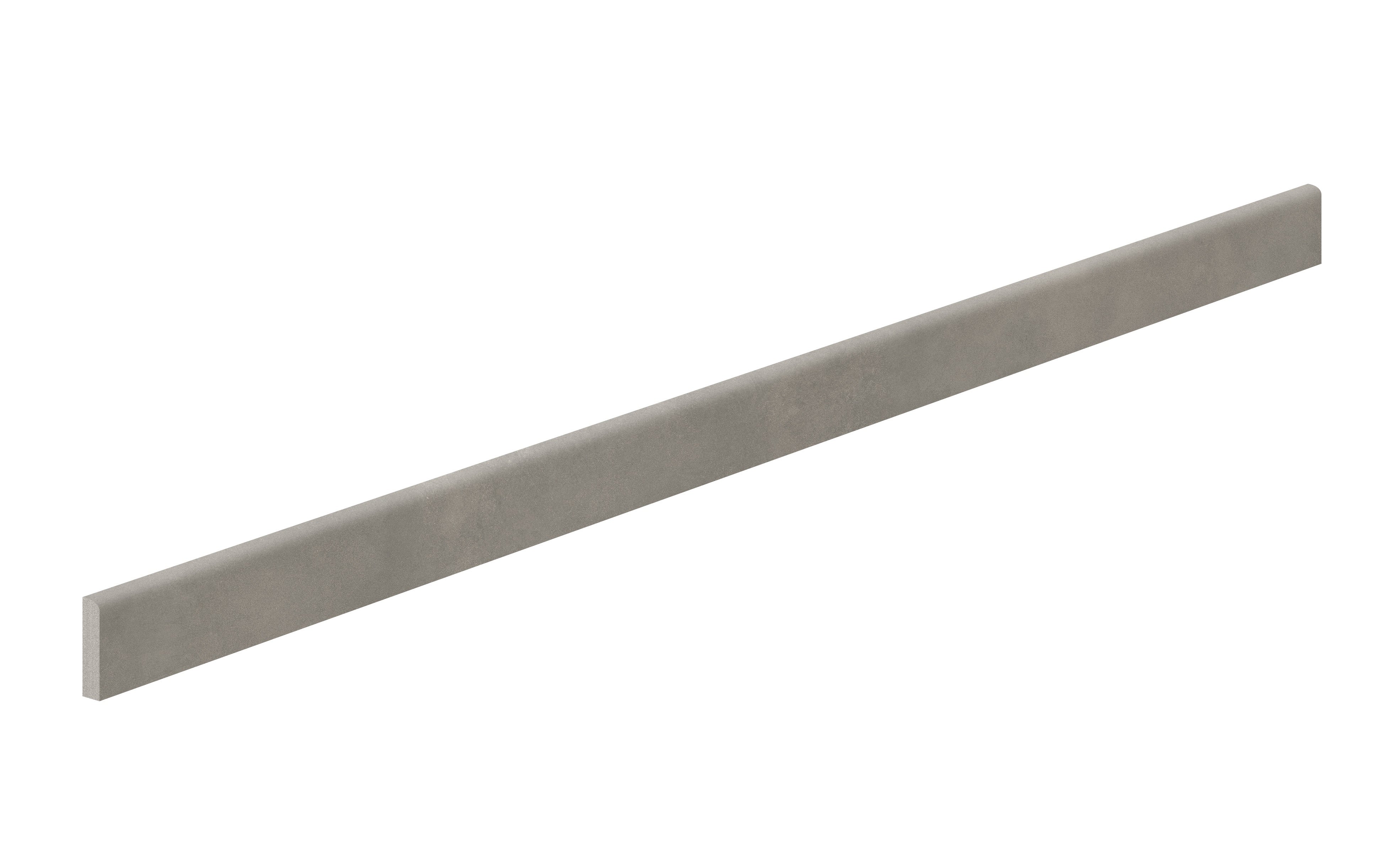 Sleek smoke-gray porcelain bullnose trim with a soft matte finish, blending minimalist elegance and warm contemporary texture.