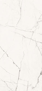 Luxurious large-format porcelain tile with soft white Statuario marble veins, honed matte finish, and refined rectified edges for seamless elegance.